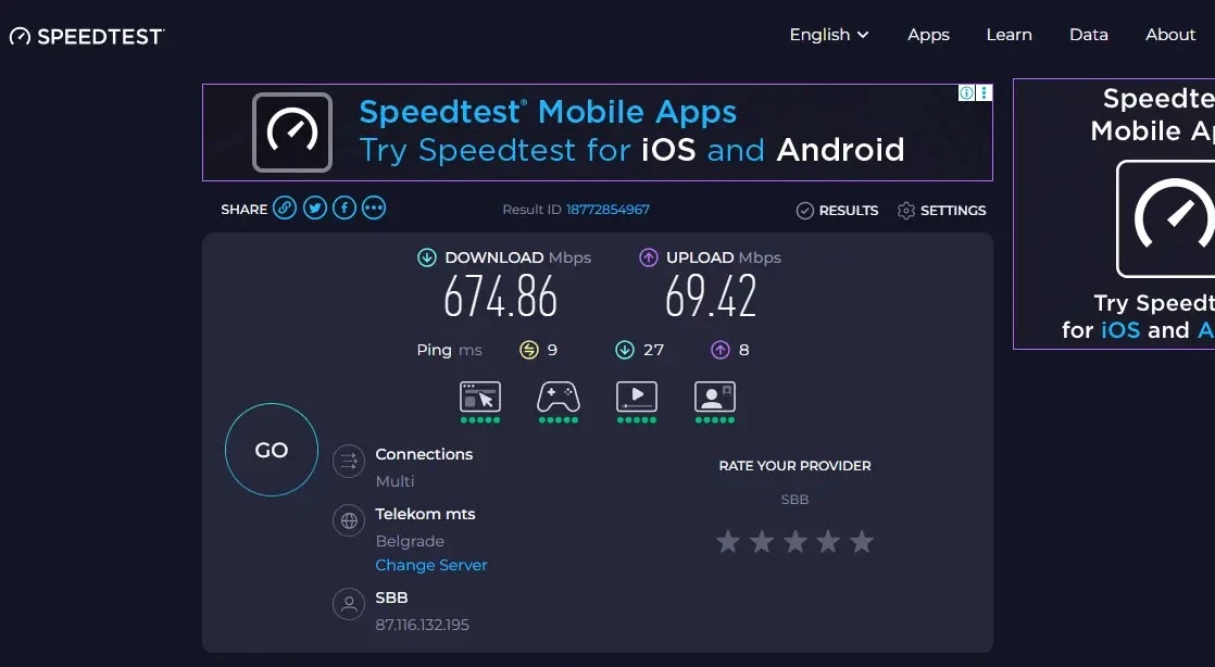 Internet Speed Test Result