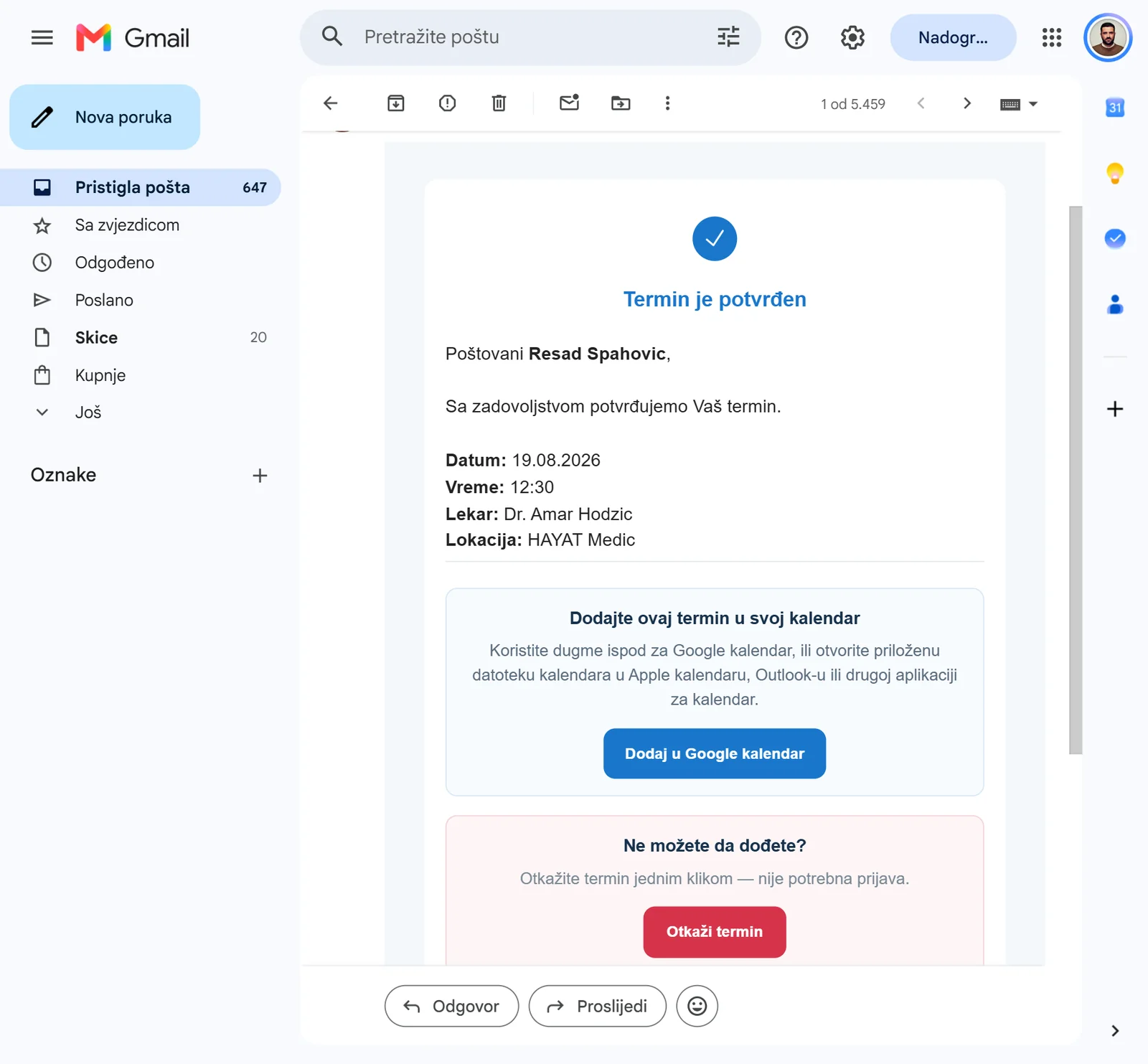 Appointment confirmation by e-mail
