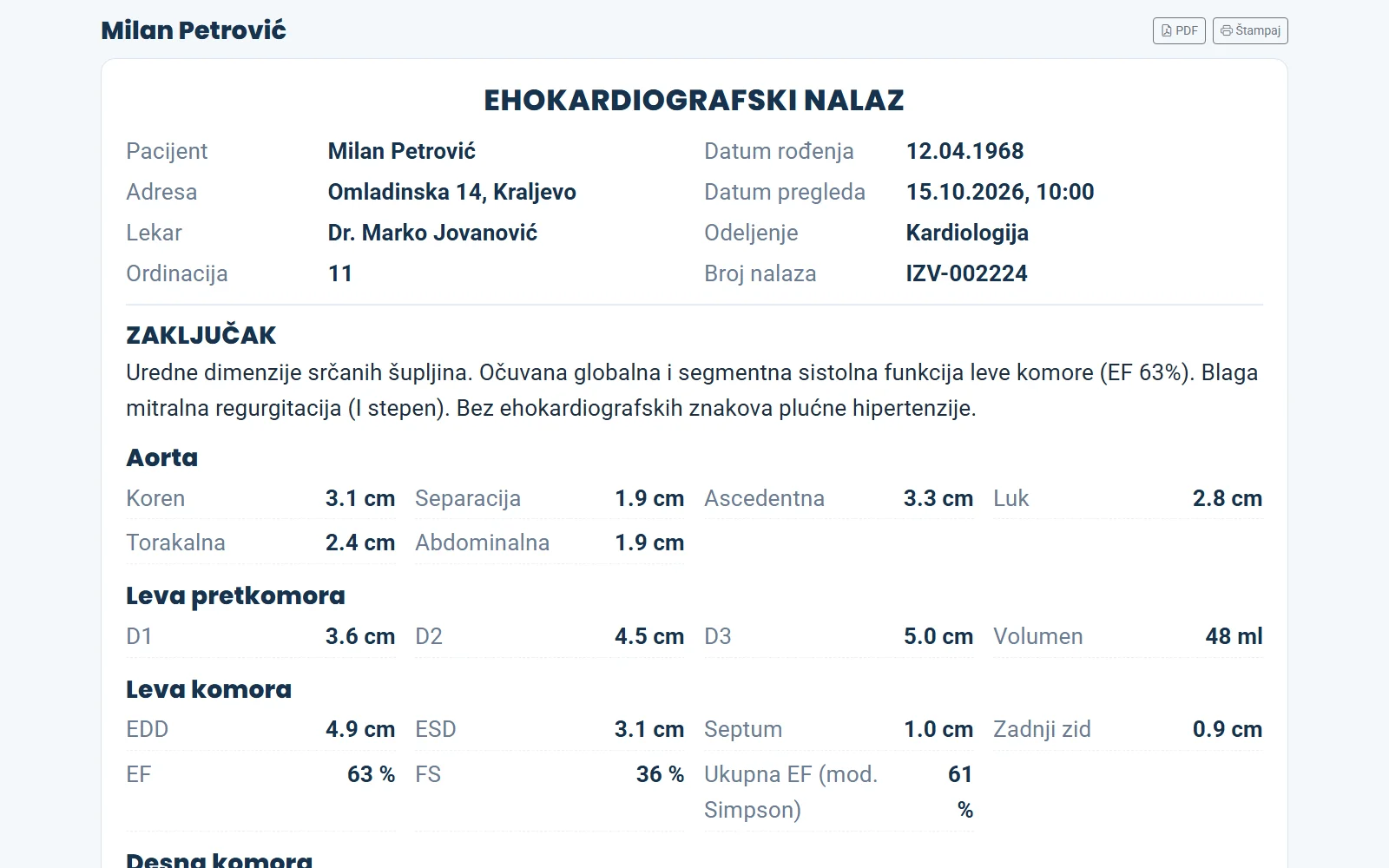 Cardiac ultrasound report on screen